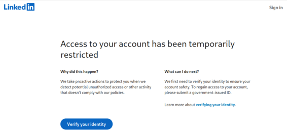 LinkedIn informing me that despite confirming a phone number, my account is restricted